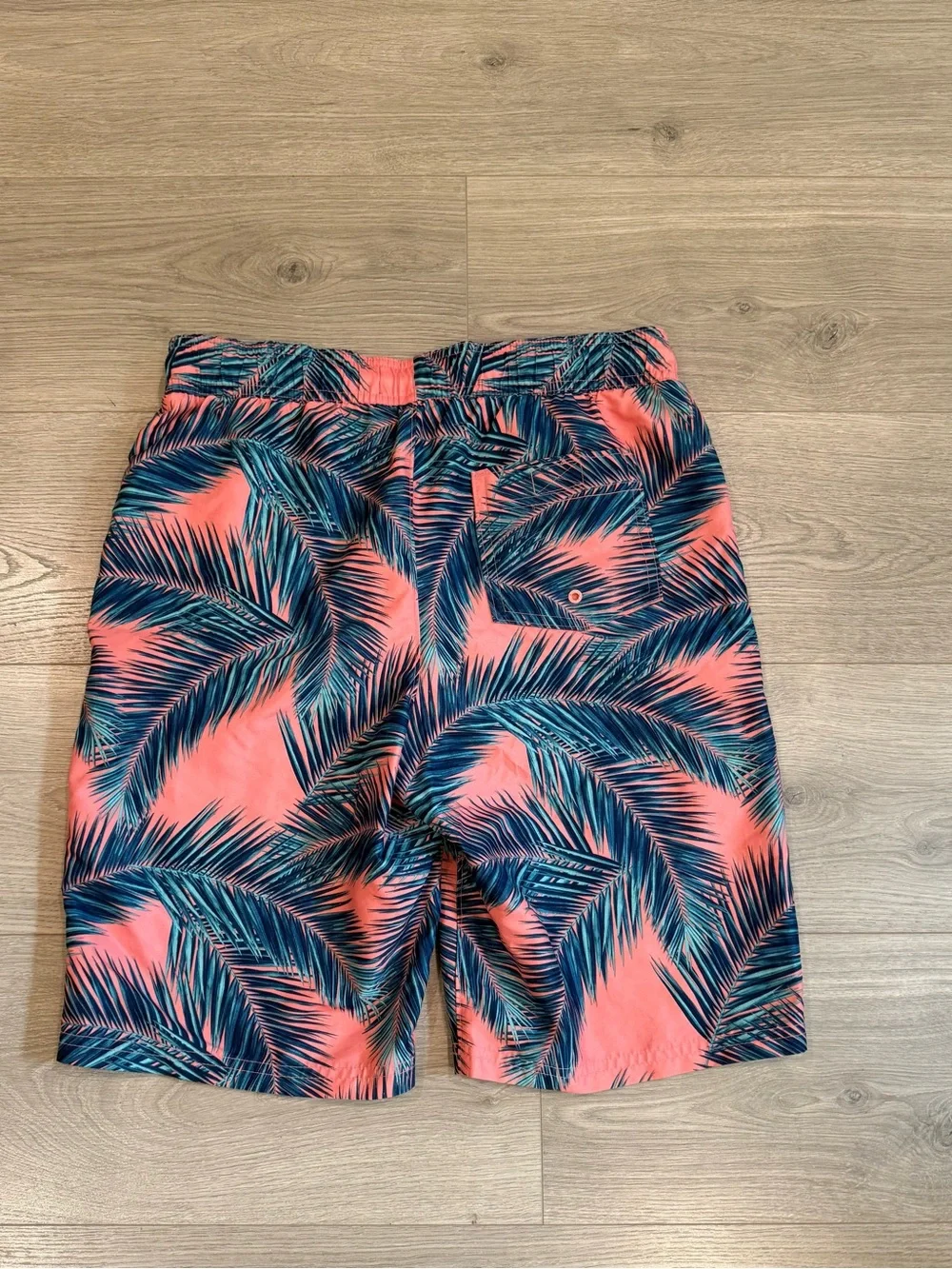 abercrombie kids Coral and Teal Palm-Print Swim Trunks